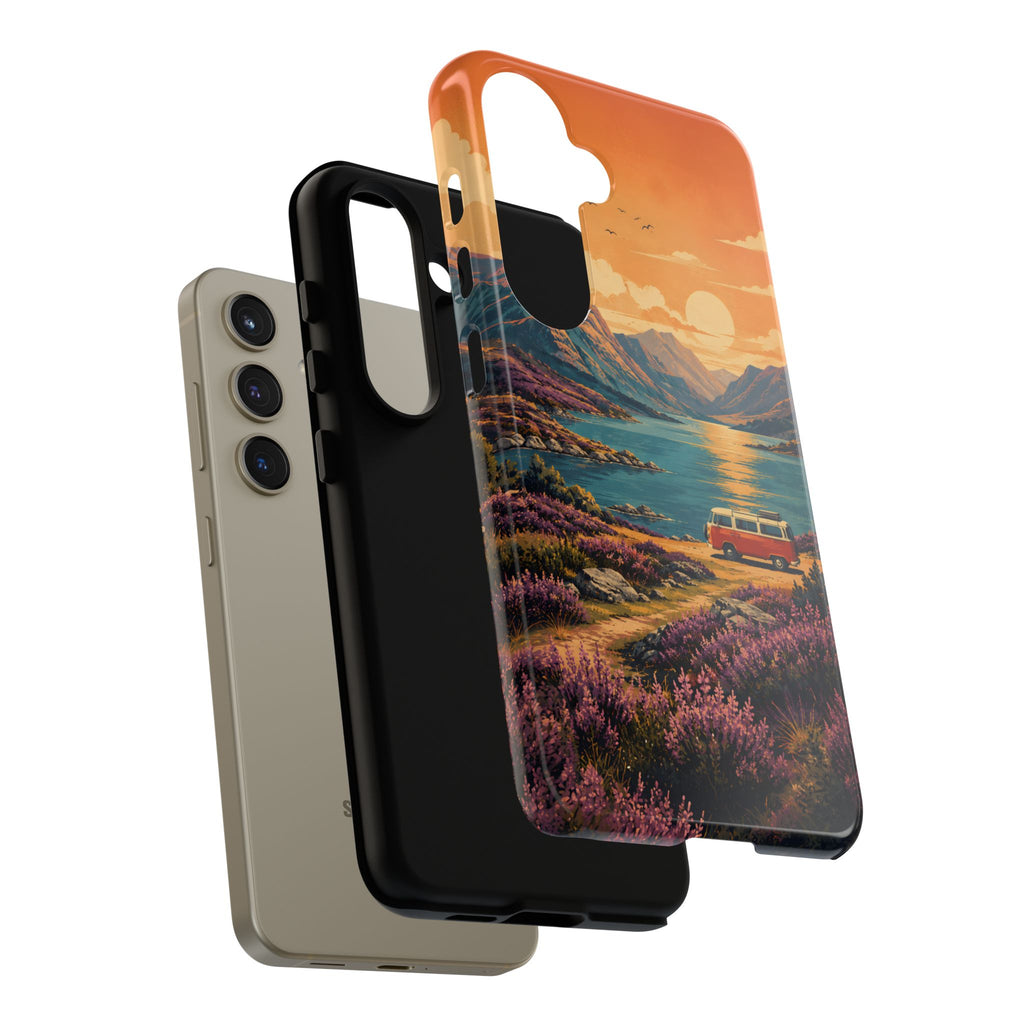 Highland Road Trip Phone Case – Scottish Loch Sunset & Heather Landscape