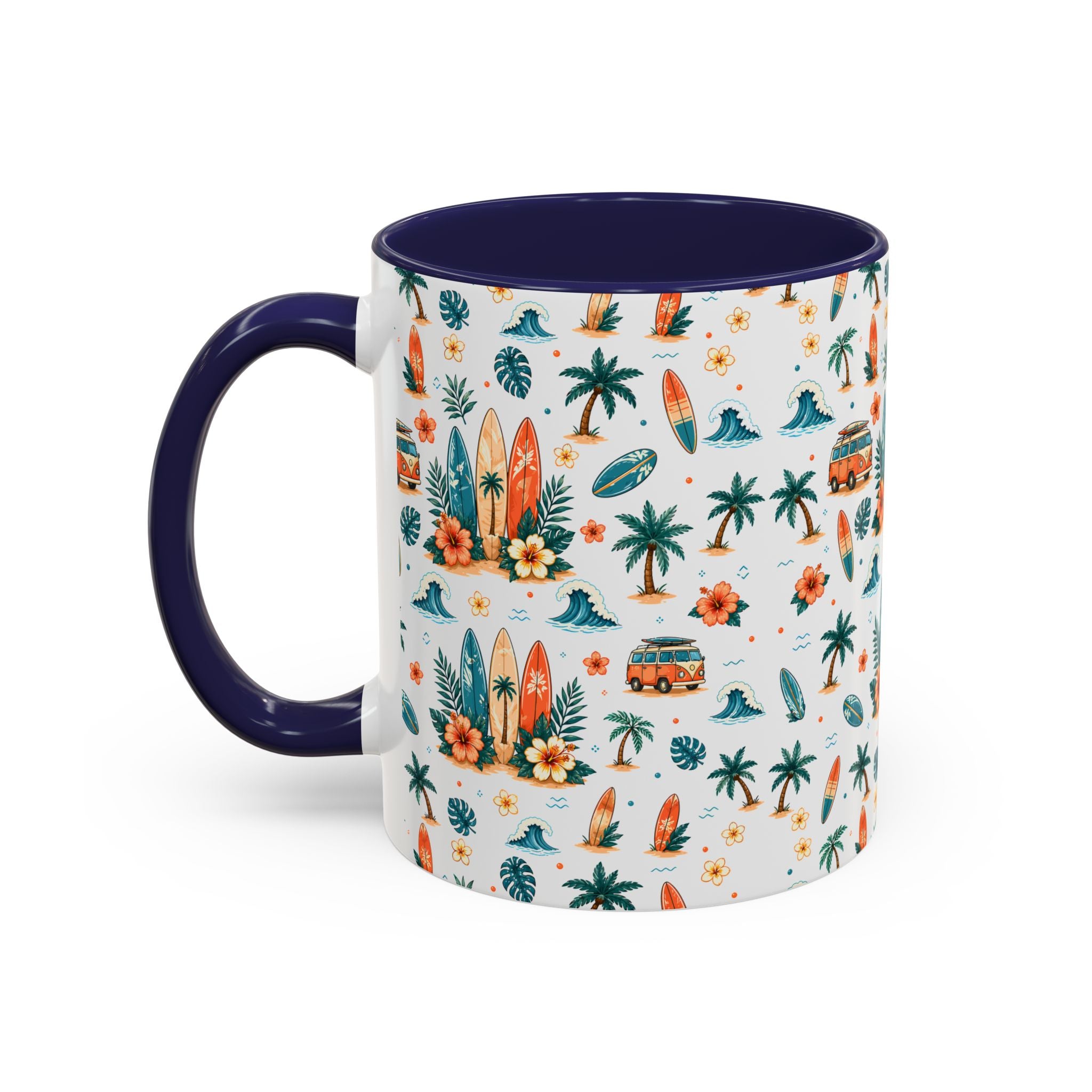 Surfboard & Palm Accent Coffee Mug — Tropical Beach Pattern 11/15oz