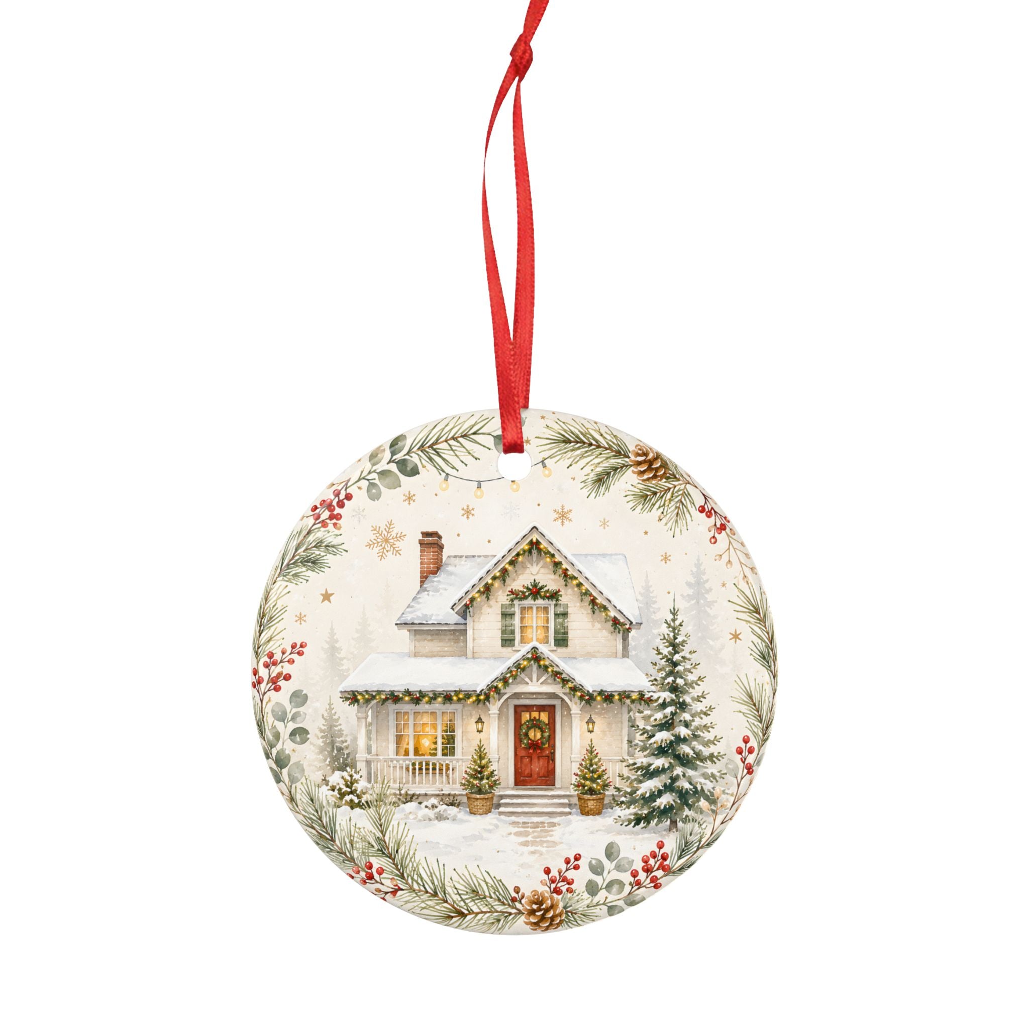 Round Ceramic Christmas Ornament — Cozy Snowy Cottage Double-Sided Holiday Decoration