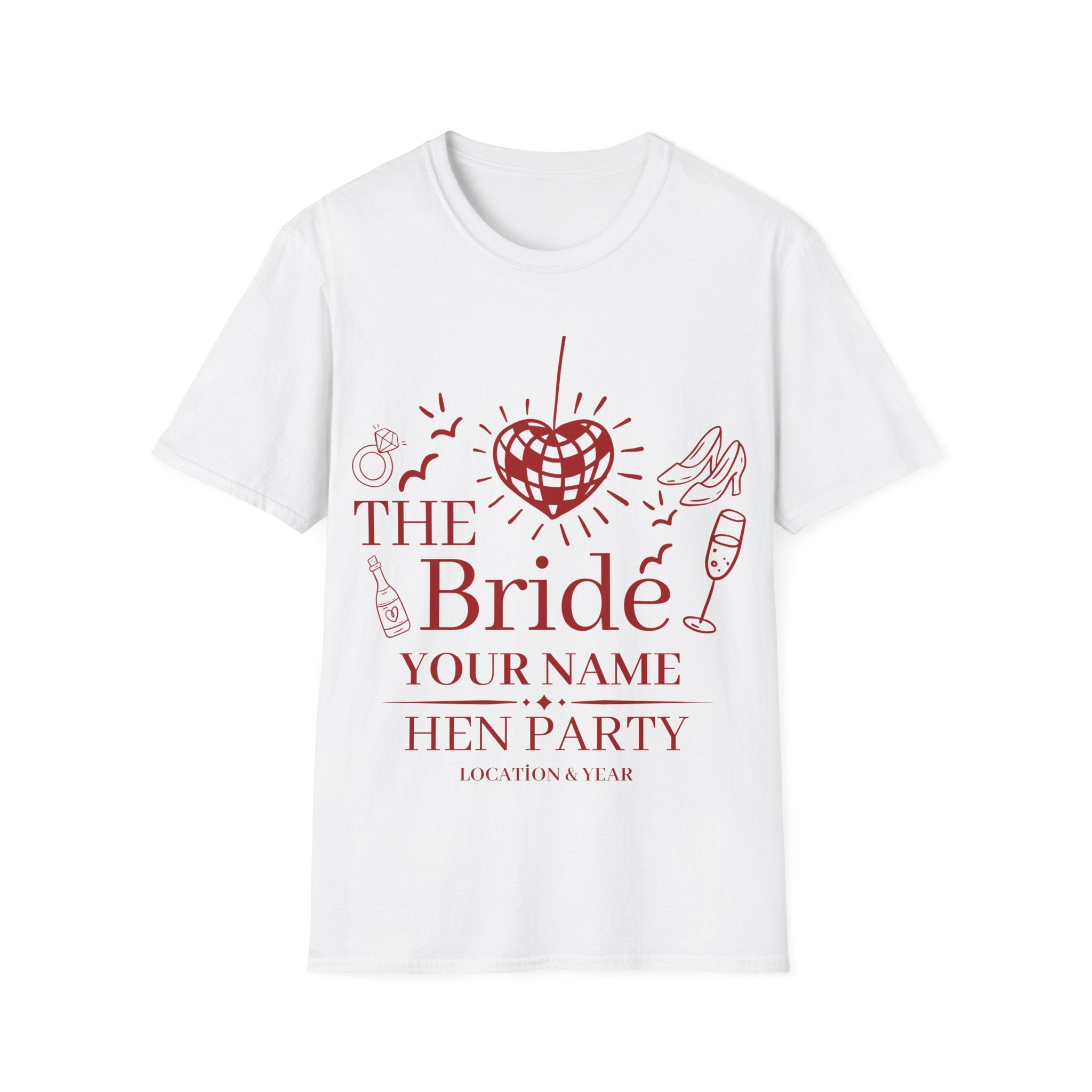 The Bride Hen Party T‑Shirt — Personalized Bachelorette Shirt with Heart Disco Design