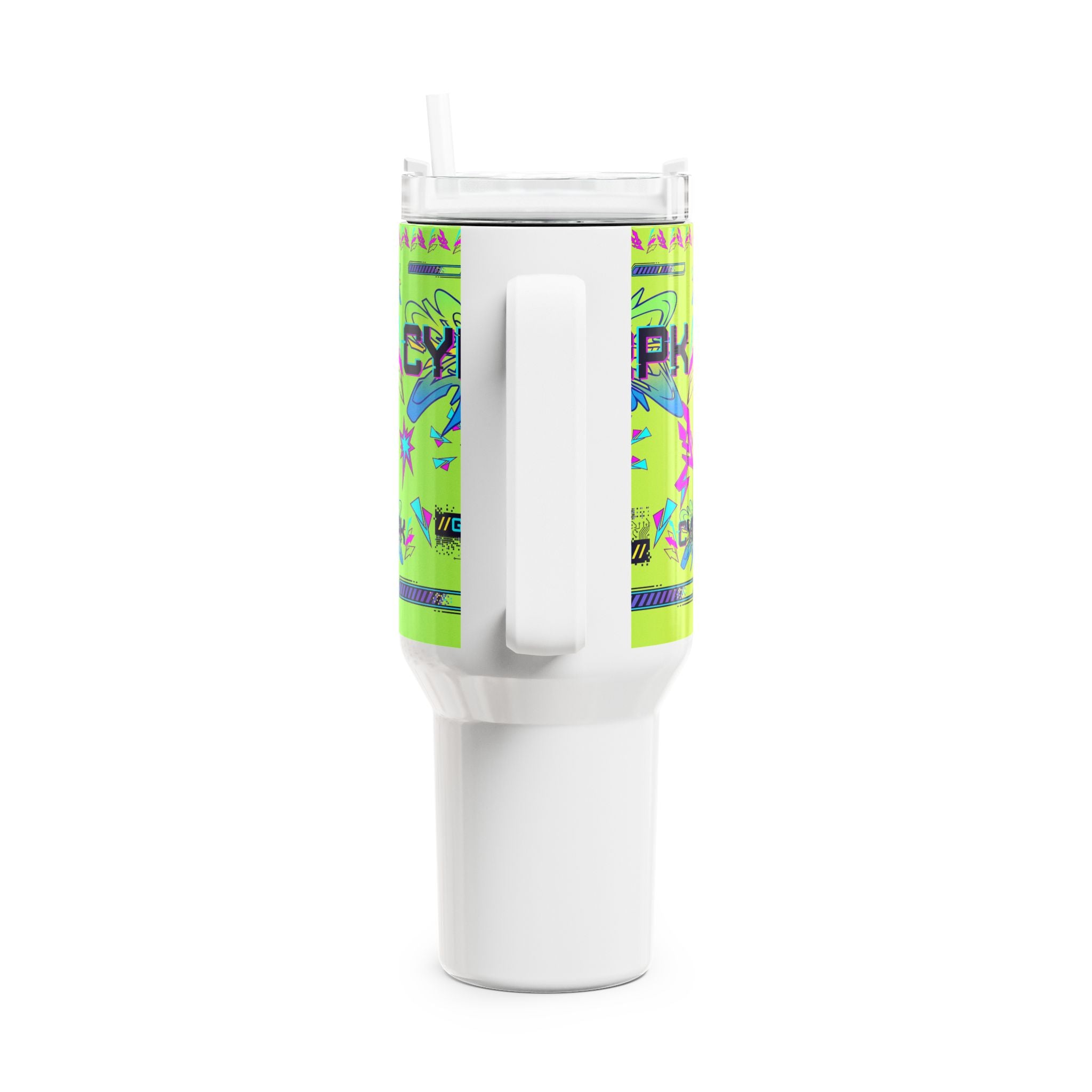 40oz Neon Cyberpunk Tumbler - 'CYB-RPK' Glitch Design Travel Mug