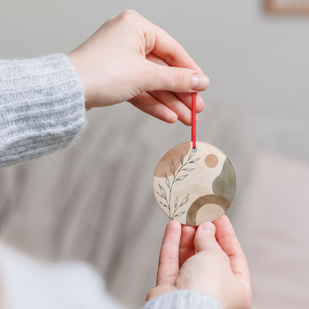 Abstract Boho Ceramic Ornament — Neutral Earth Tones, Two-Sided Holiday Decor