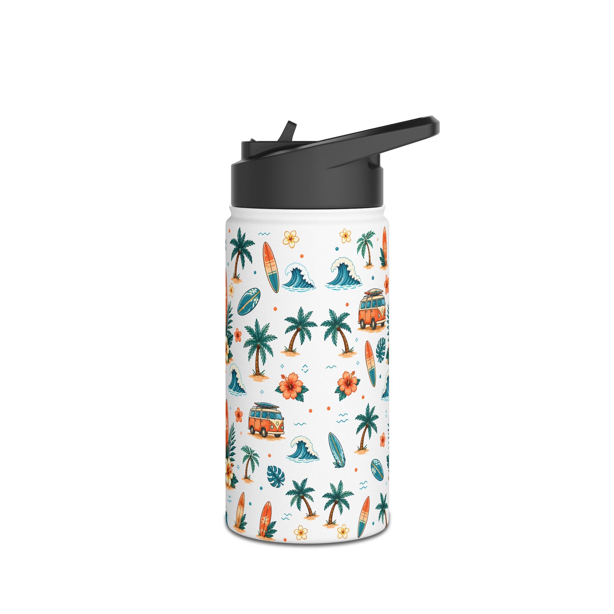 Surf Camper Stainless Steel Water Bottle — Tropical Beach Surfboard Pattern