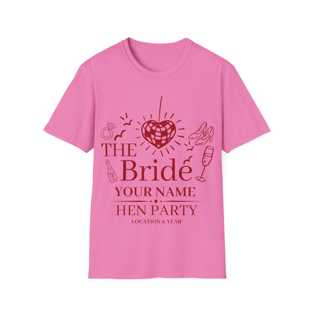 The Bride Hen Party T‑Shirt — Personalized Bachelorette Shirt with Heart Disco Design