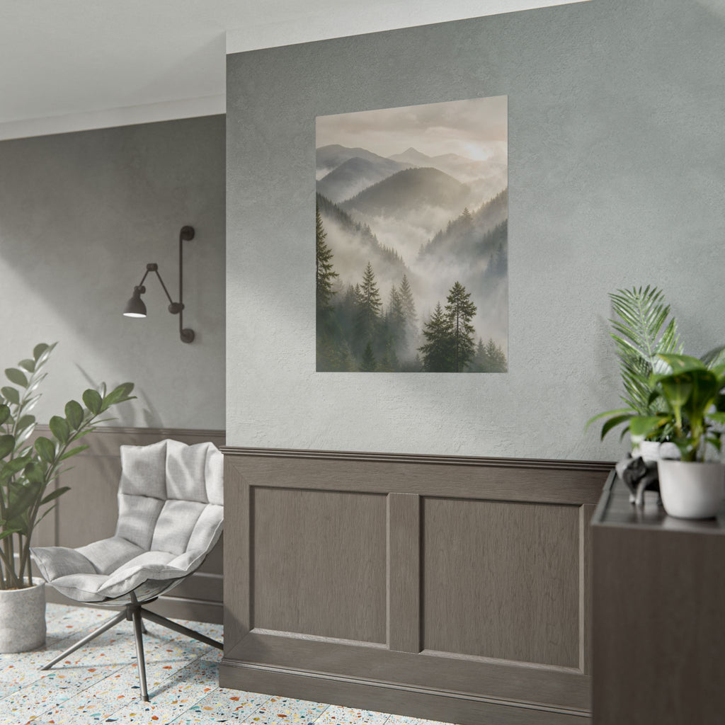 Mist-Filled Mountain Forest Rolled Poster — Serene Nature Wall Art