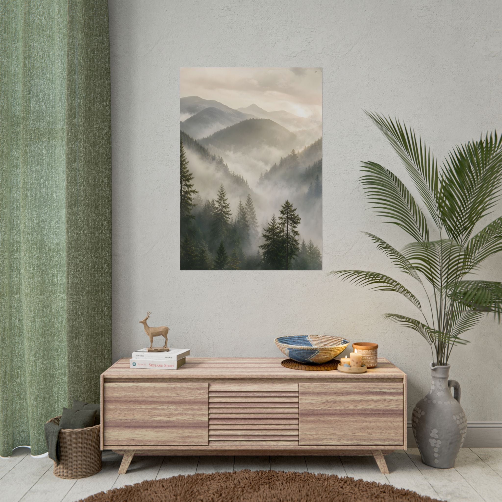 Mist-Filled Mountain Forest Rolled Poster — Serene Nature Wall Art