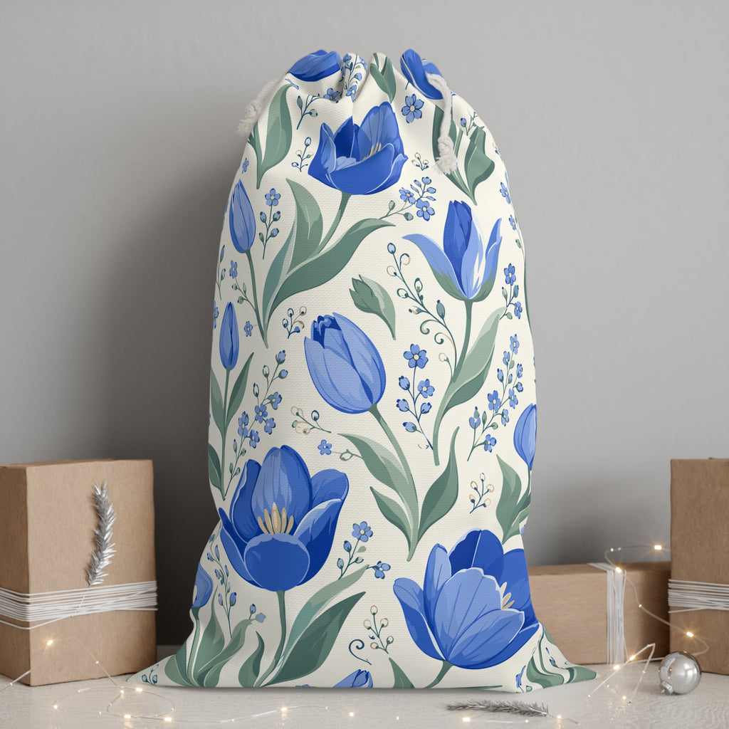 Blue Floral Drawstring Bag - Botanical Tulip Gift Sack