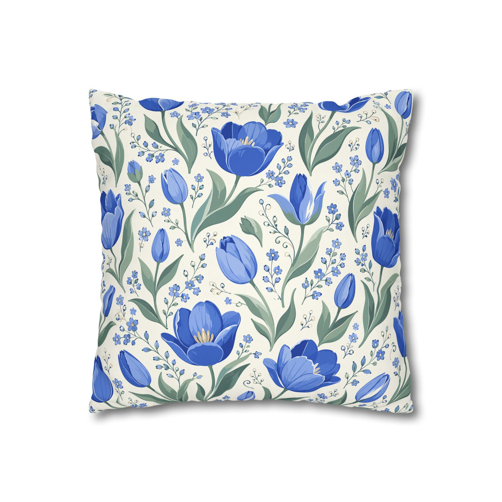 Blue Floral Square Pillow Cover — Blue Tulip Pattern Decorative Throw Pillowcase