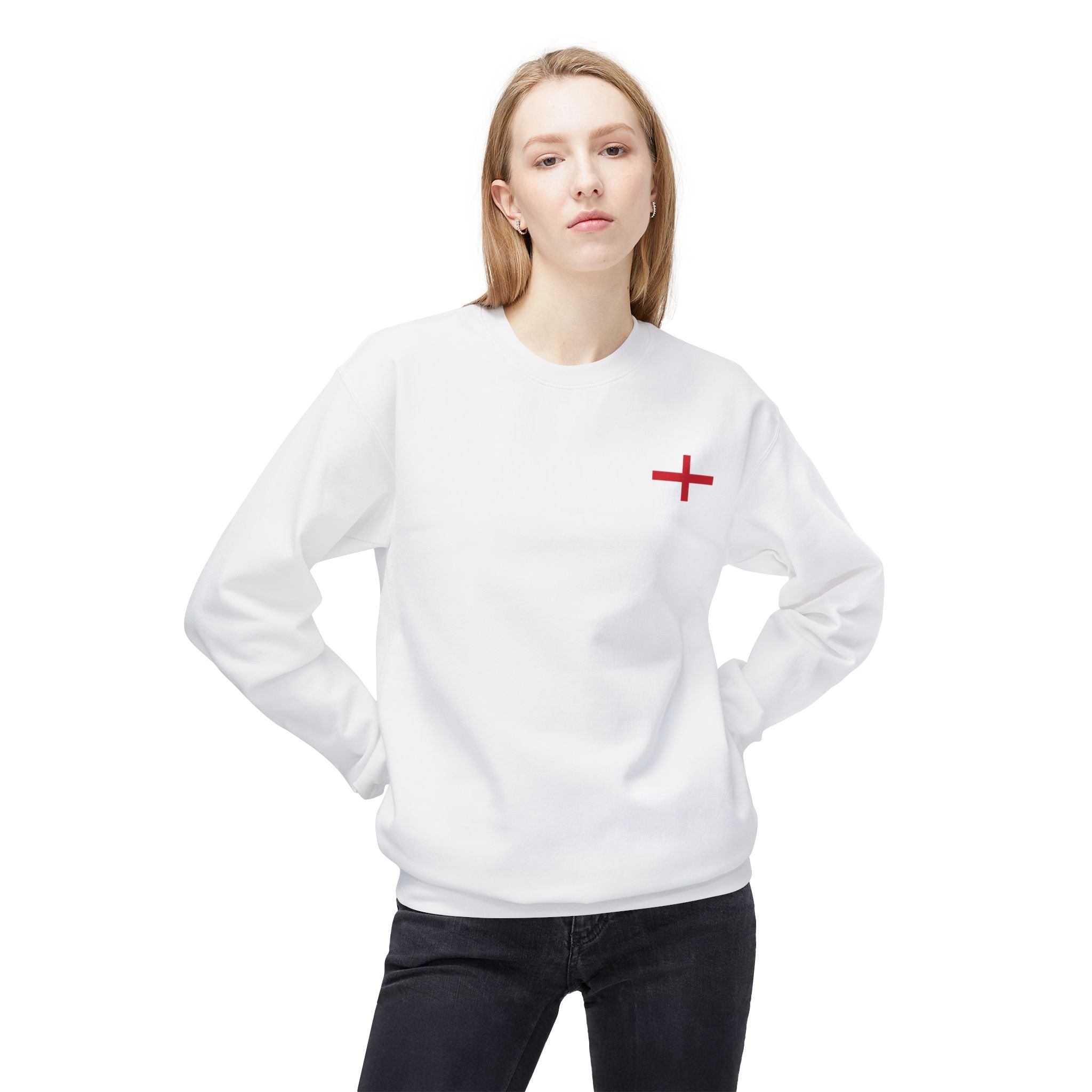 Crewneck Sweatshirt — Minimal Red Cross Chest Logo, Casual Everyday Crewneck