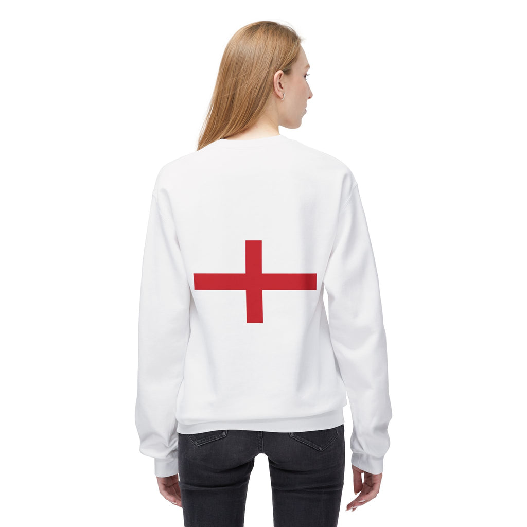 Crewneck Sweatshirt — Minimal Red Cross Chest Logo, Casual Everyday Crewneck