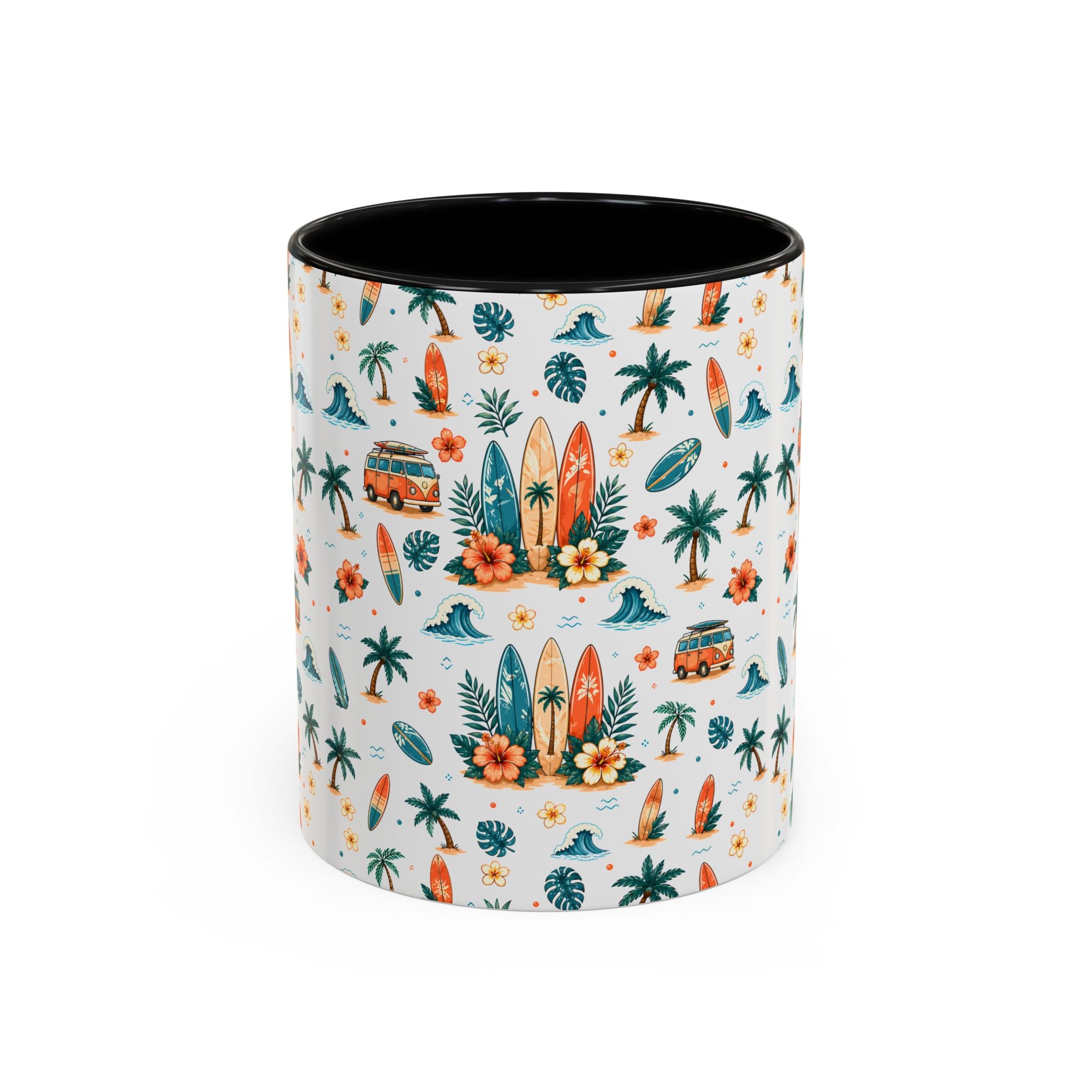 Surfboard & Palm Accent Coffee Mug — Tropical Beach Pattern 11/15oz