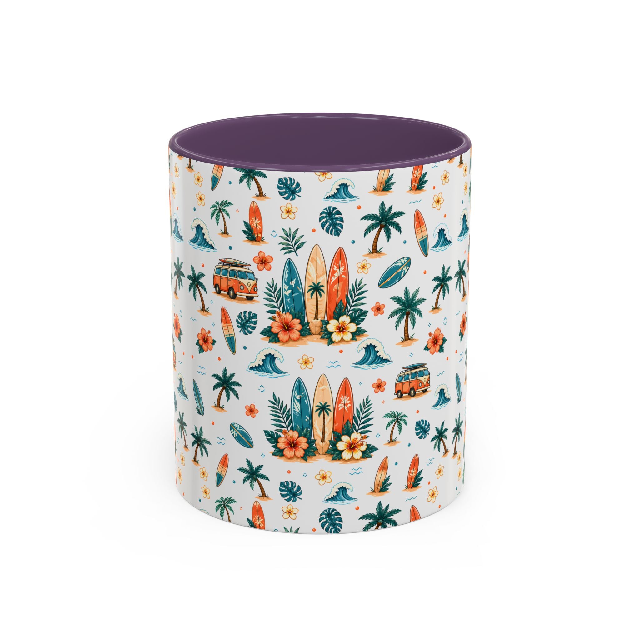 Surfboard & Palm Accent Coffee Mug — Tropical Beach Pattern 11/15oz