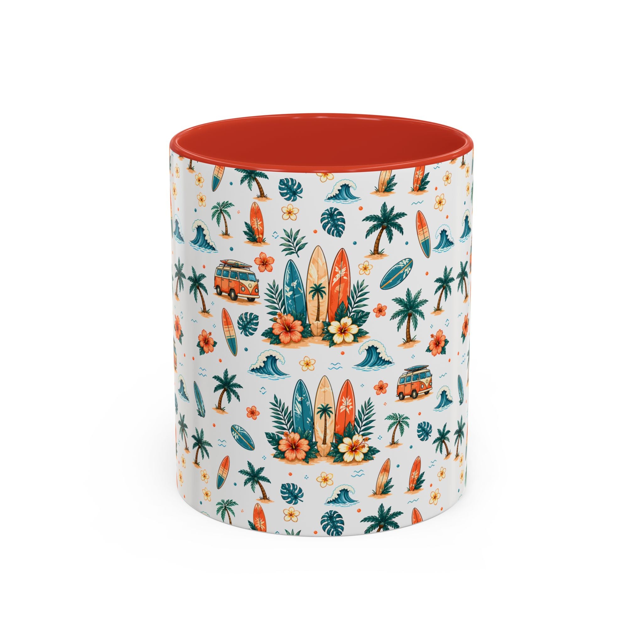 Surfboard & Palm Accent Coffee Mug — Tropical Beach Pattern 11/15oz
