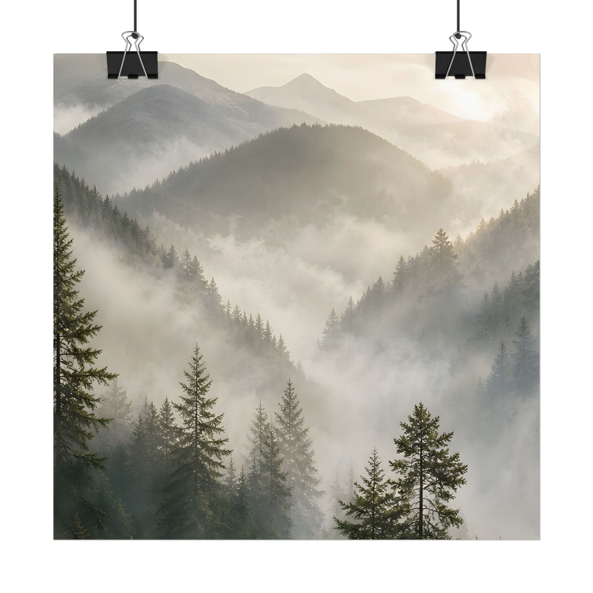 Mist-Filled Mountain Forest Rolled Poster — Serene Nature Wall Art