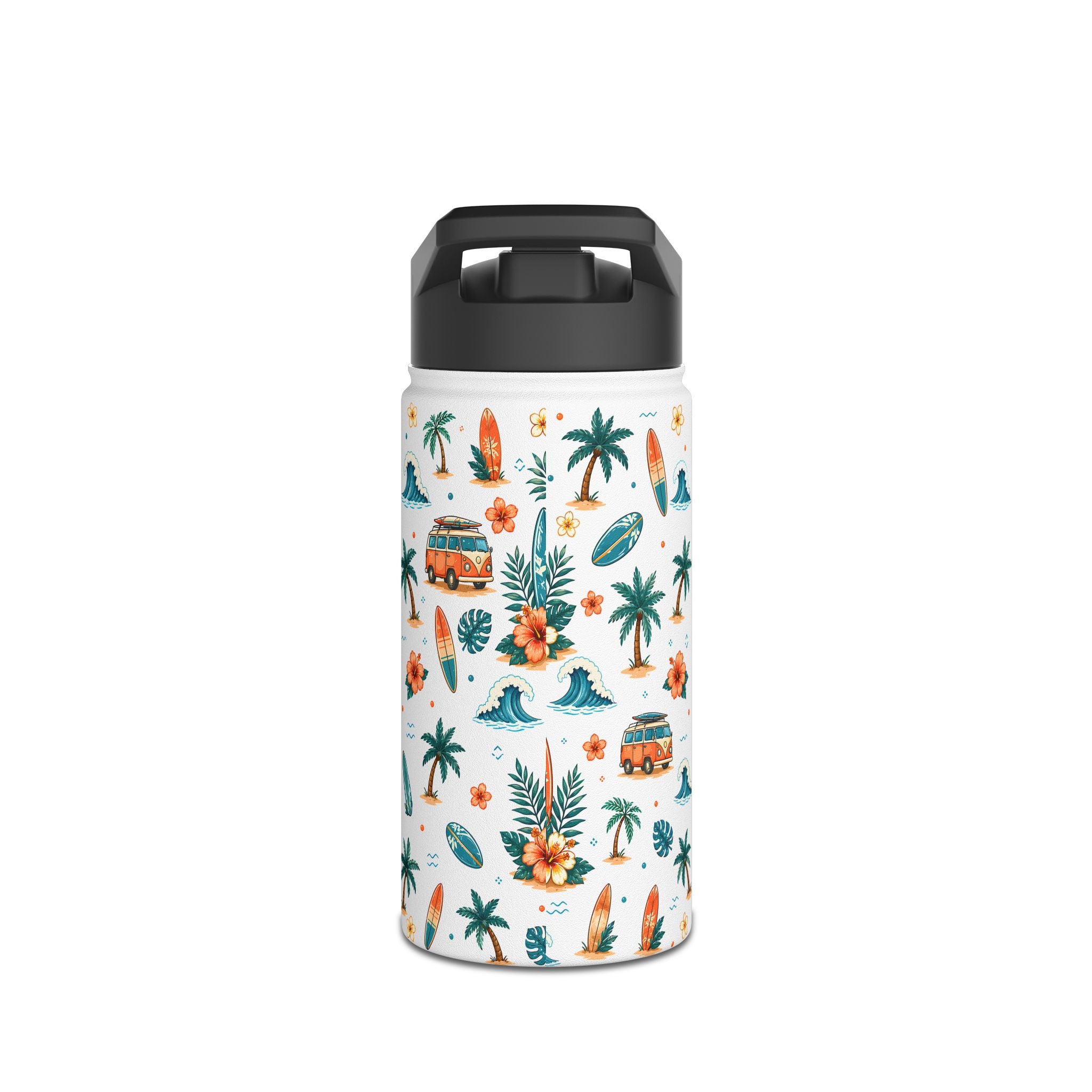 Surf Camper Stainless Steel Water Bottle — Tropical Beach Surfboard Pattern