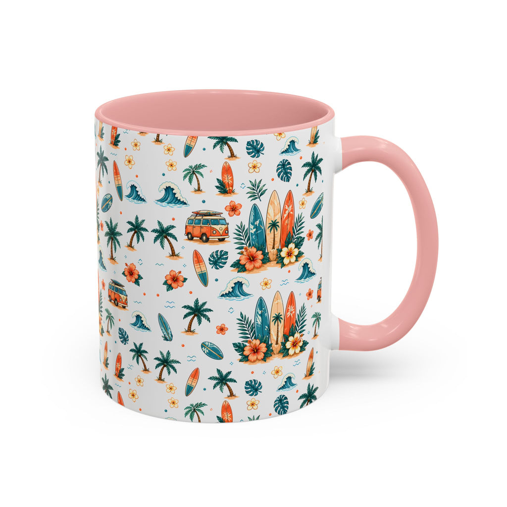 Surfboard & Palm Accent Coffee Mug — Tropical Beach Pattern 11/15oz