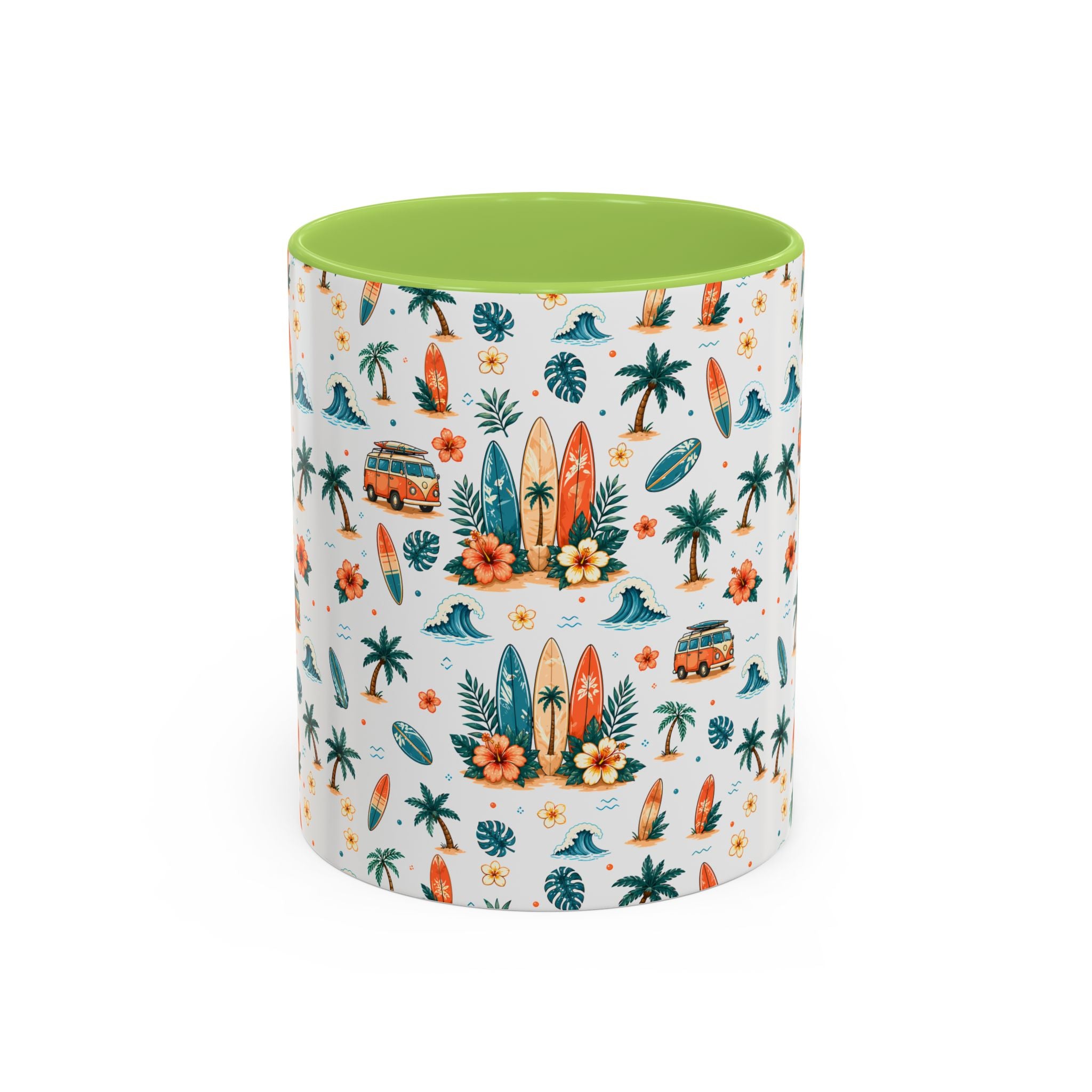 Surfboard & Palm Accent Coffee Mug — Tropical Beach Pattern 11/15oz