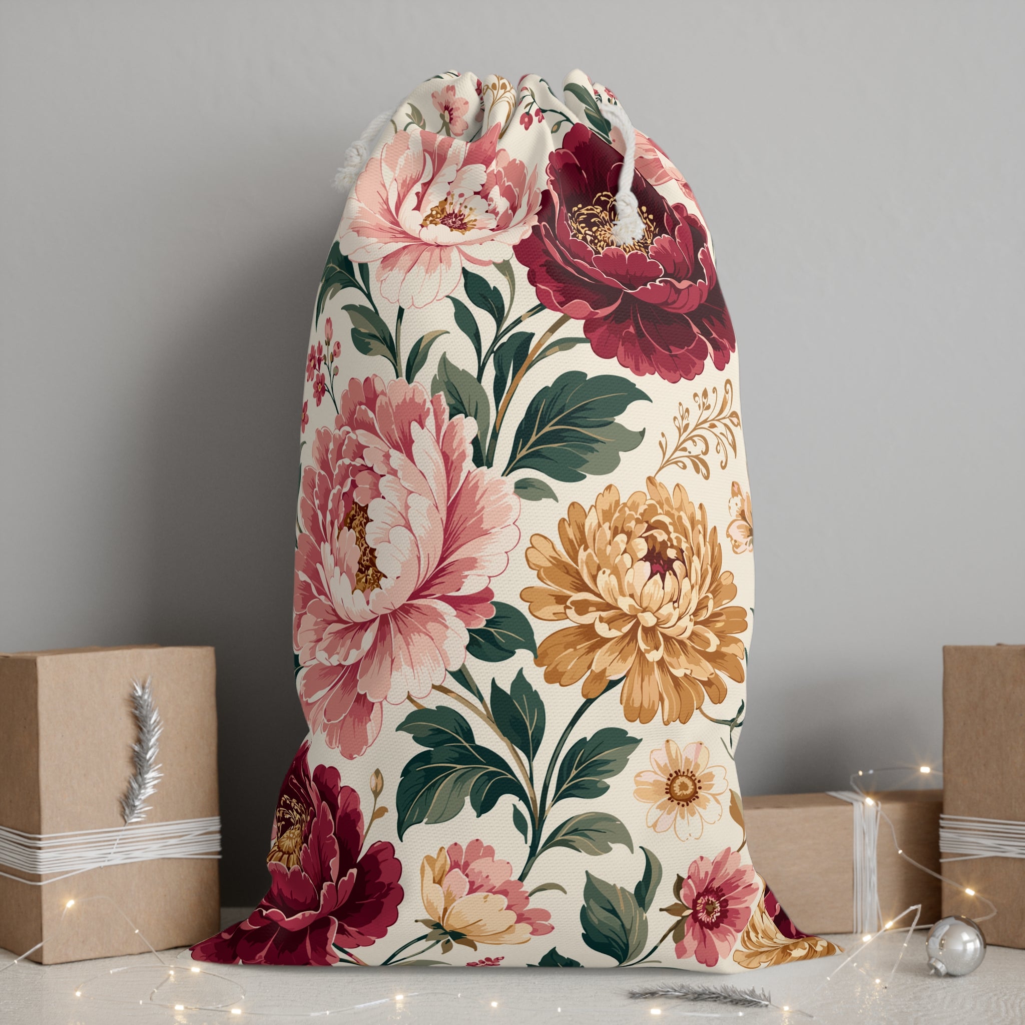 Floral Drawstring Sack — Vintage Peony Gift Bag