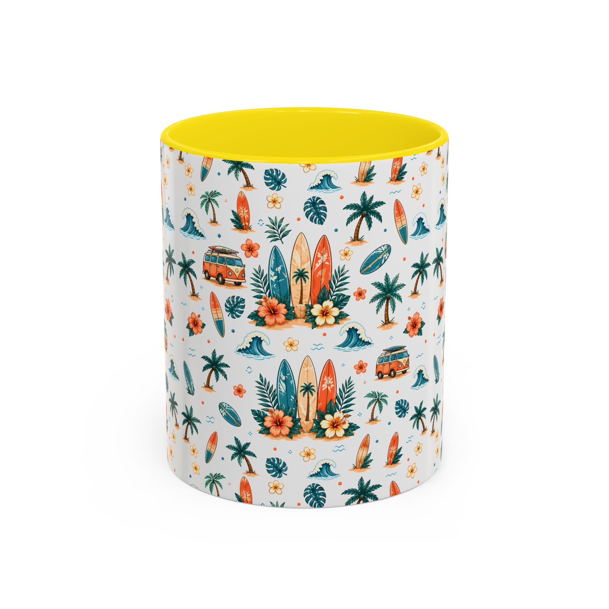 Surfboard & Palm Accent Coffee Mug — Tropical Beach Pattern 11/15oz