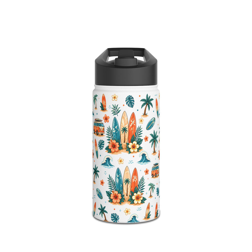 Surf Camper Stainless Steel Water Bottle — Tropical Beach Surfboard Pattern