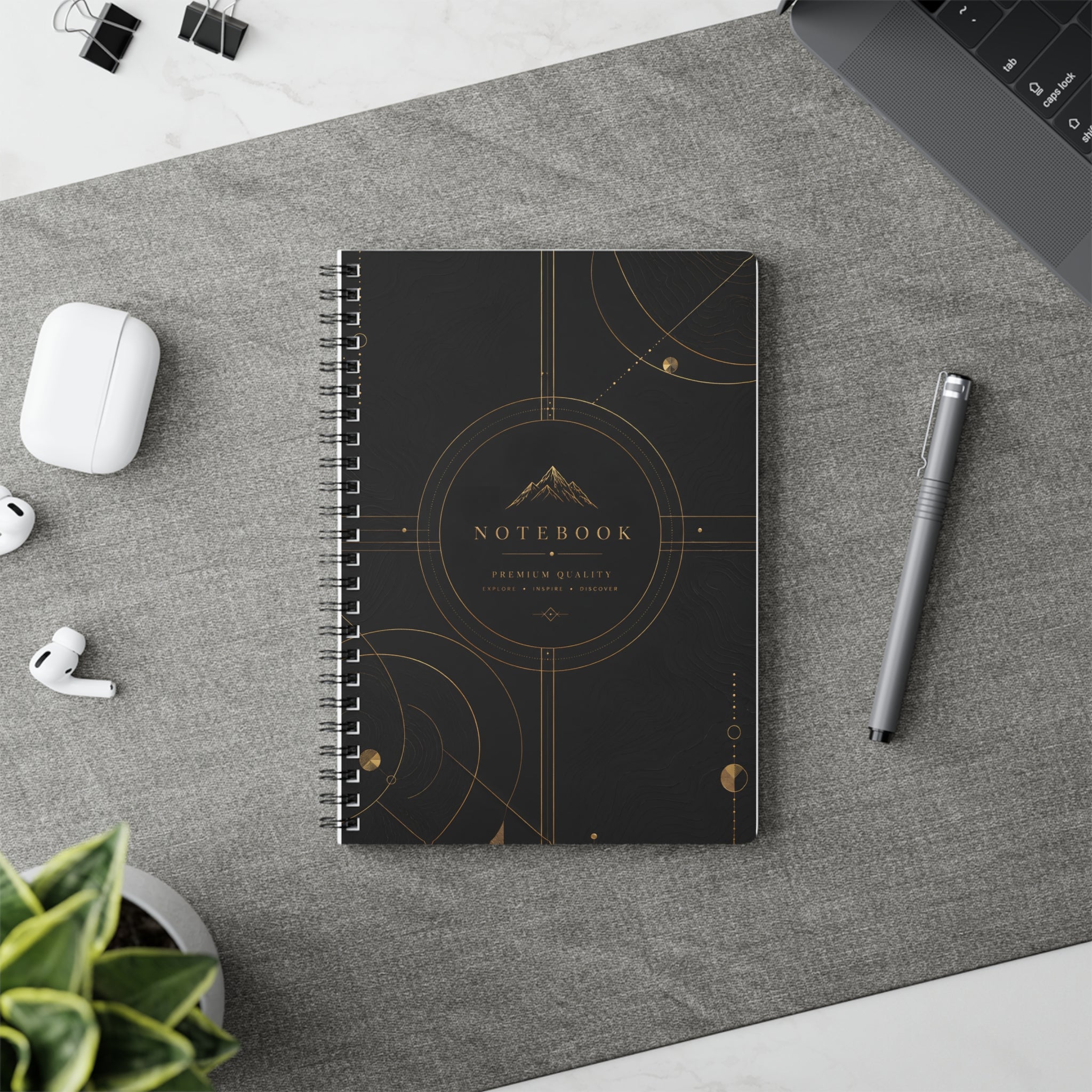 A5 Wirobound Notebook — Elegant Black & Gold Mountain Design