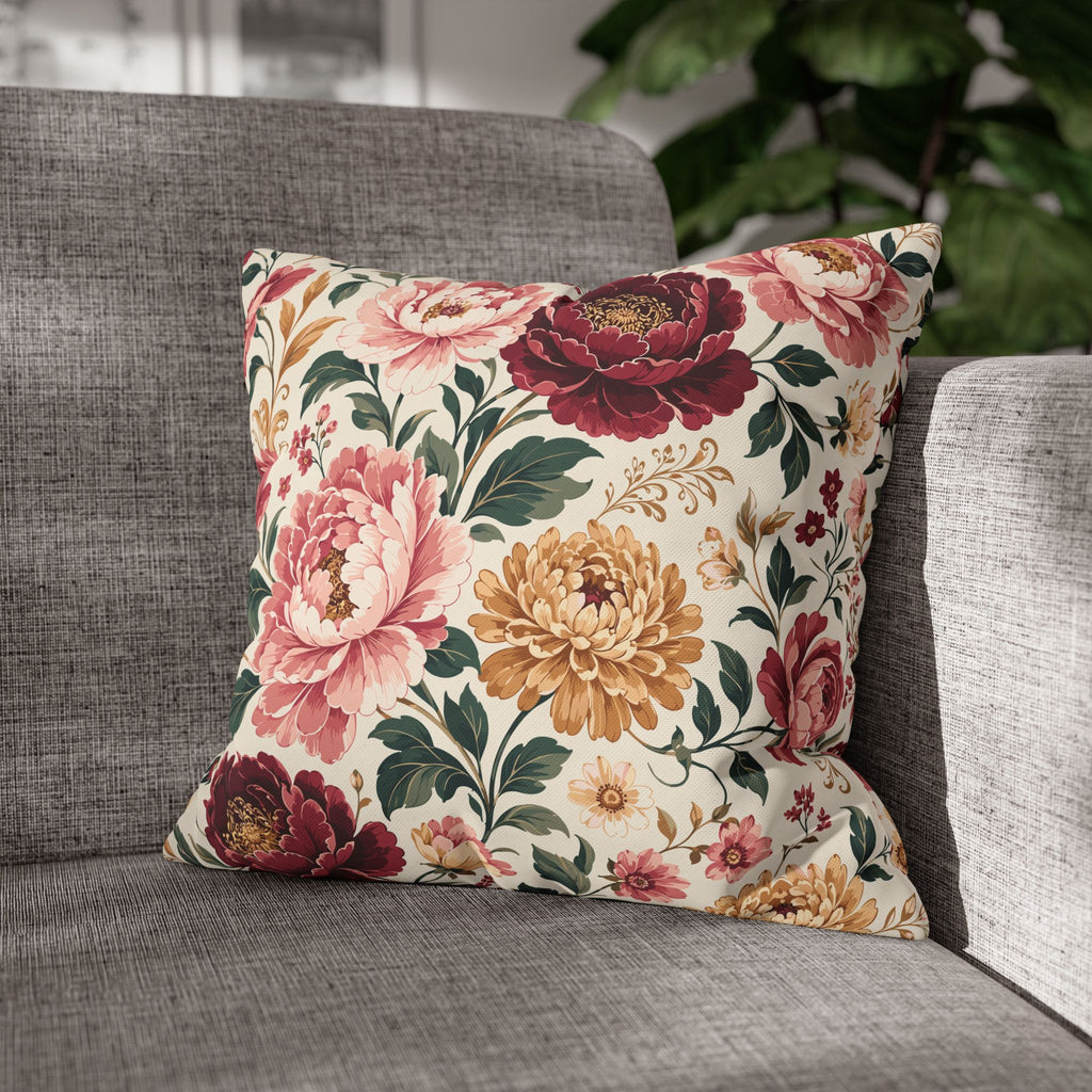 Floral Peony Canvas Pillowcase — Vintage Rose Square Throw Pillow Cover