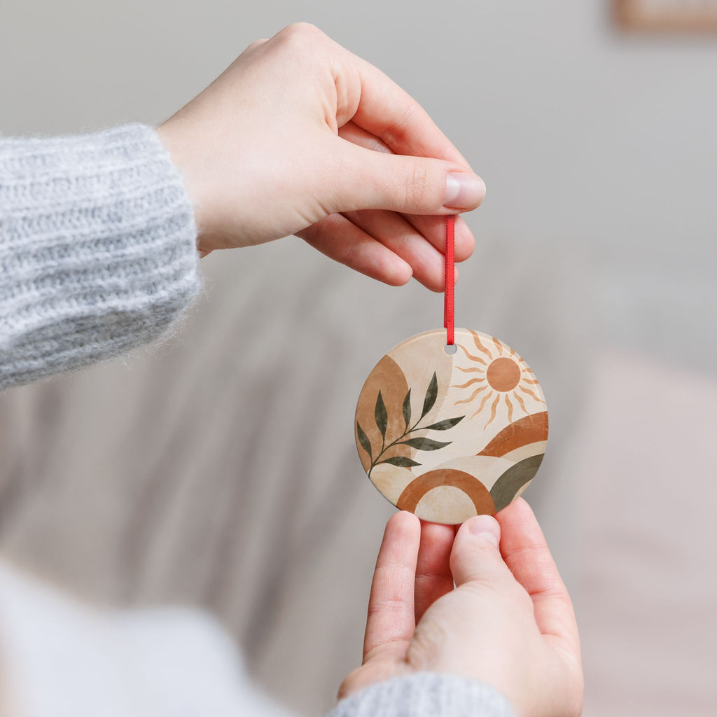Boho Sun & Leaf Ceramic Ornament — Earth Tone Round Holiday Decoration