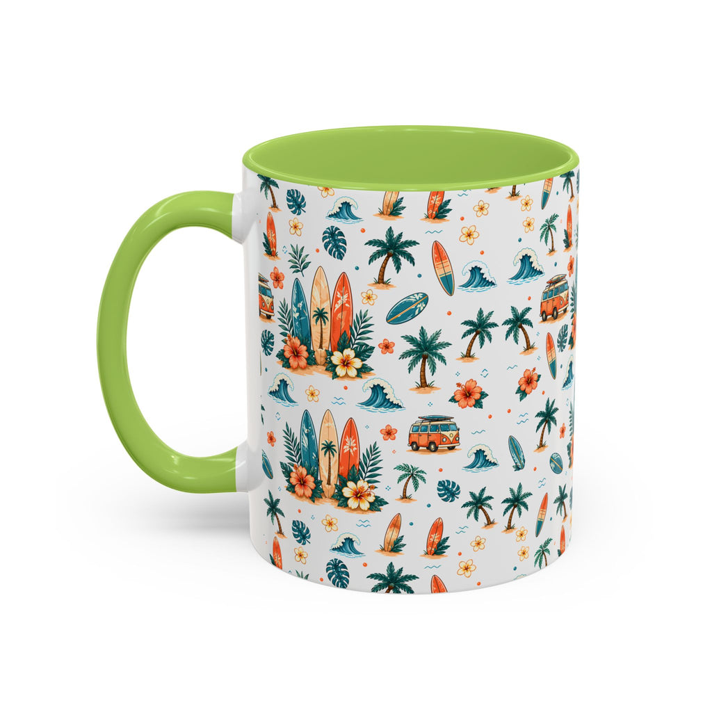 Surfboard & Palm Accent Coffee Mug — Tropical Beach Pattern 11/15oz