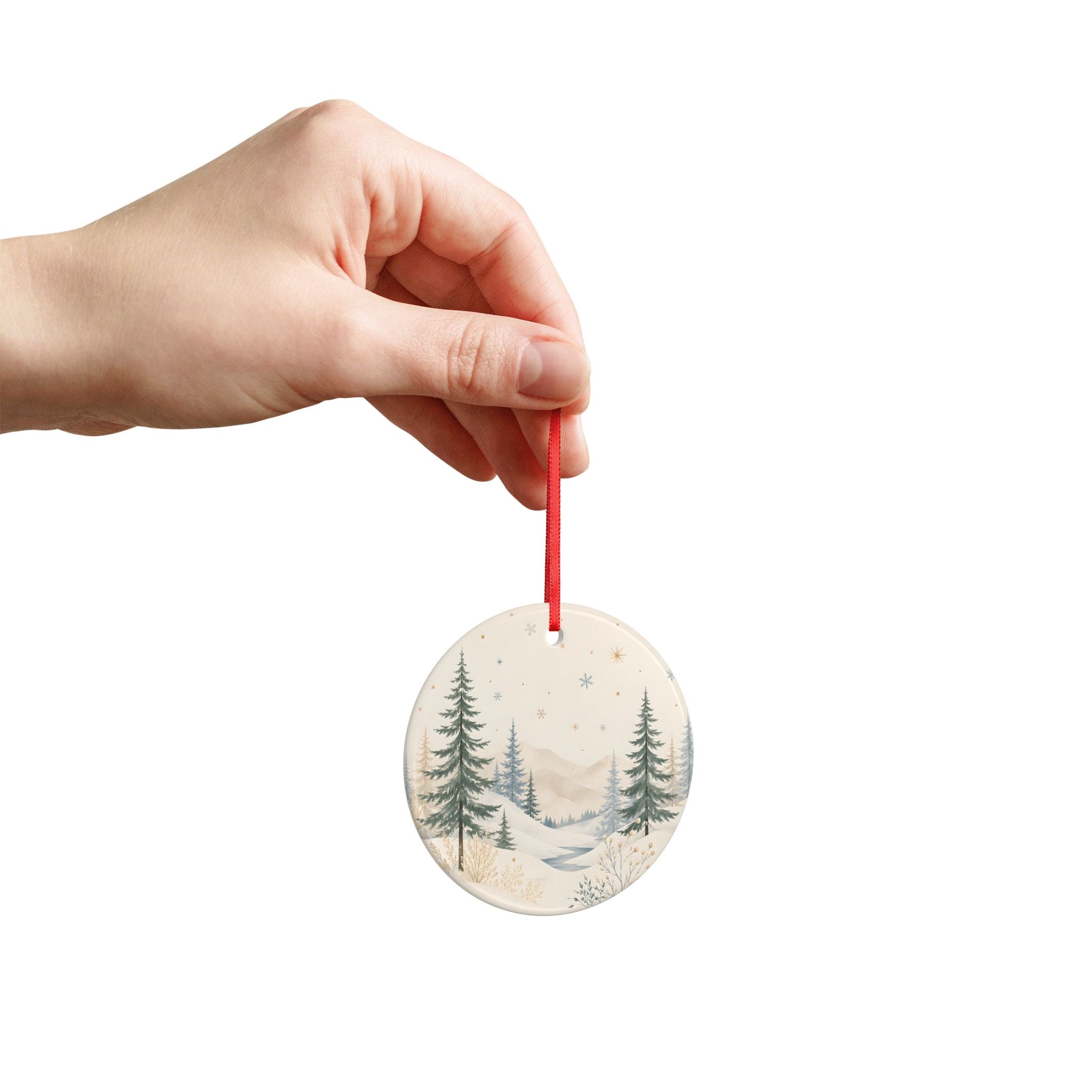 Winter Pines Ceramic Ornament — Double-Sided Snowy Forest Holiday Decoration