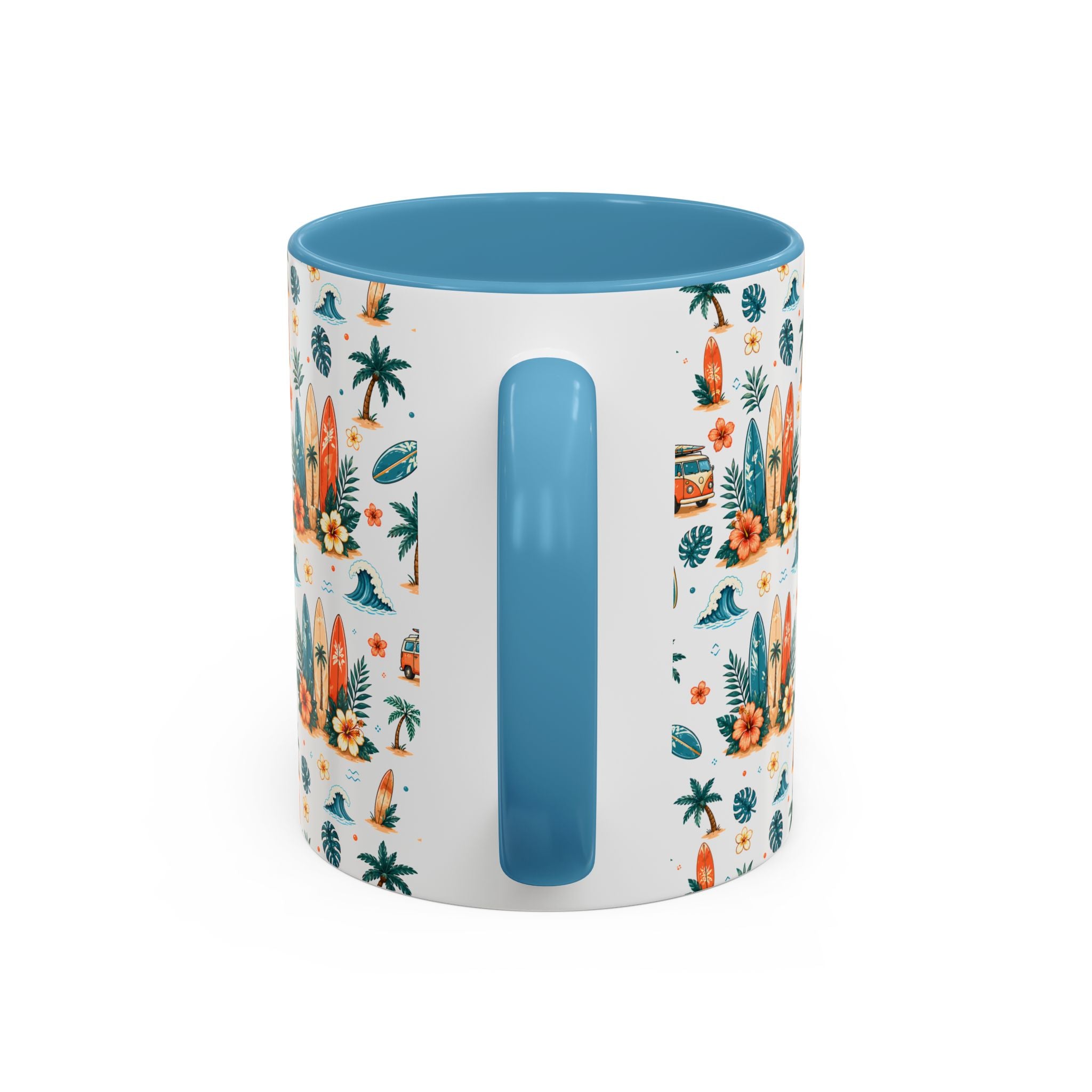 Surfboard & Palm Accent Coffee Mug — Tropical Beach Pattern 11/15oz