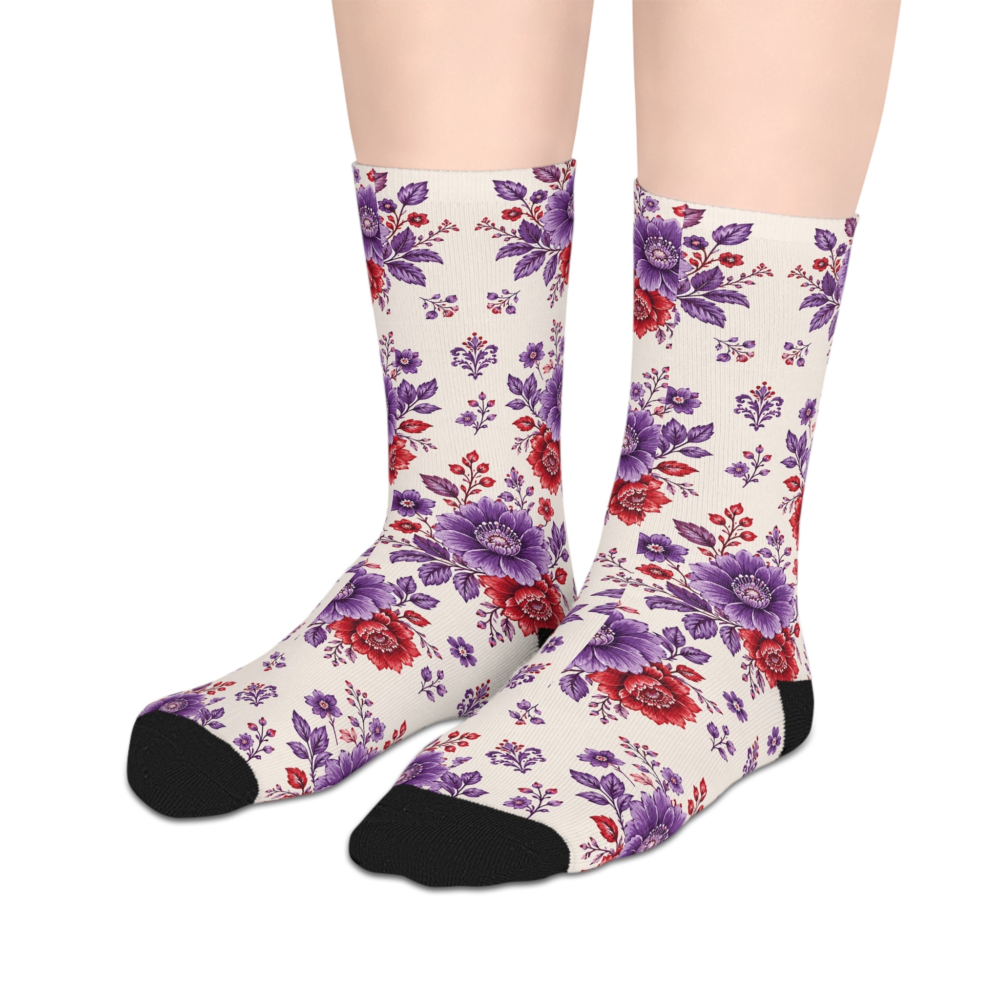 Floral Crew Socks — Purple & Red Vintage Rose Mid-Length Socks