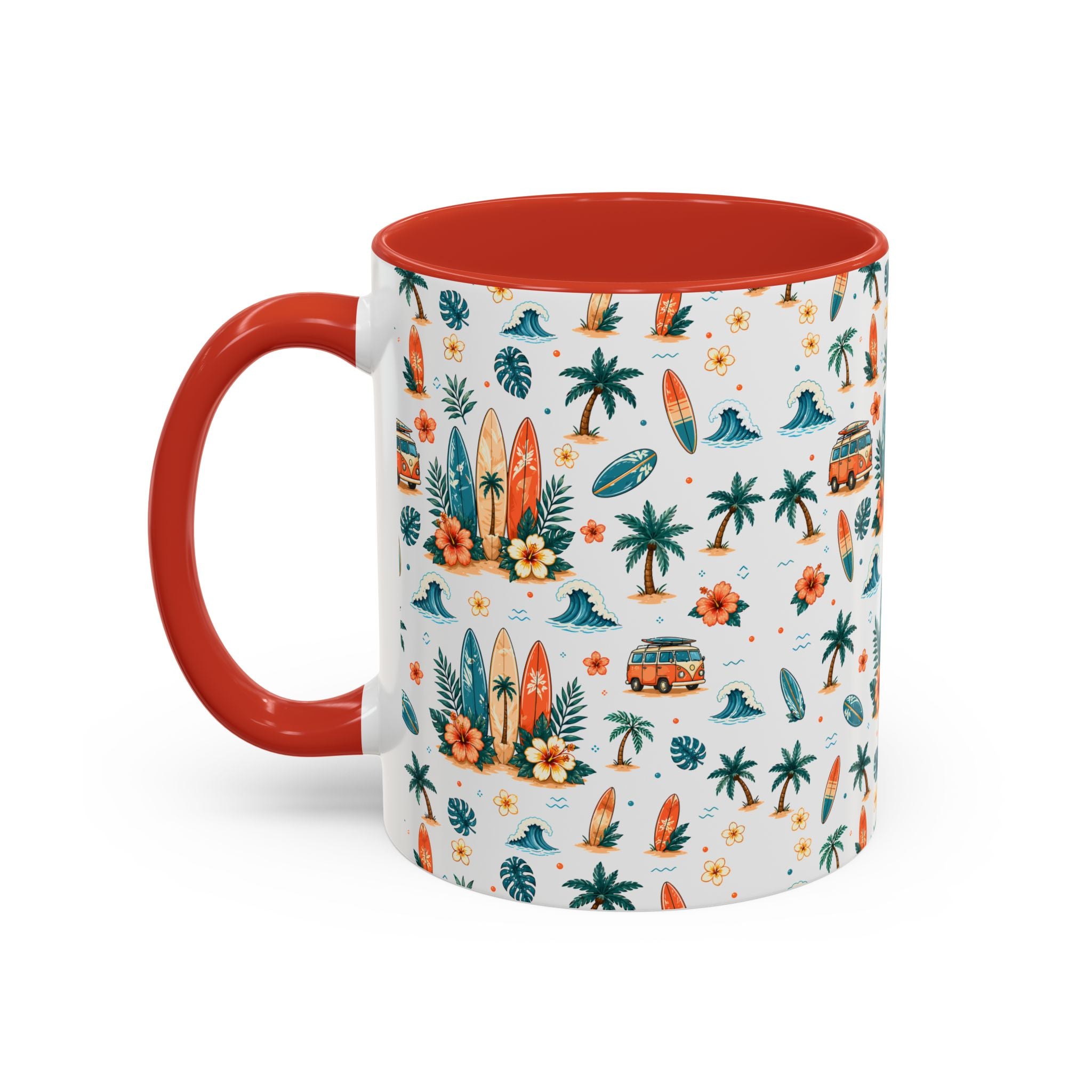 Surfboard & Palm Accent Coffee Mug — Tropical Beach Pattern 11/15oz