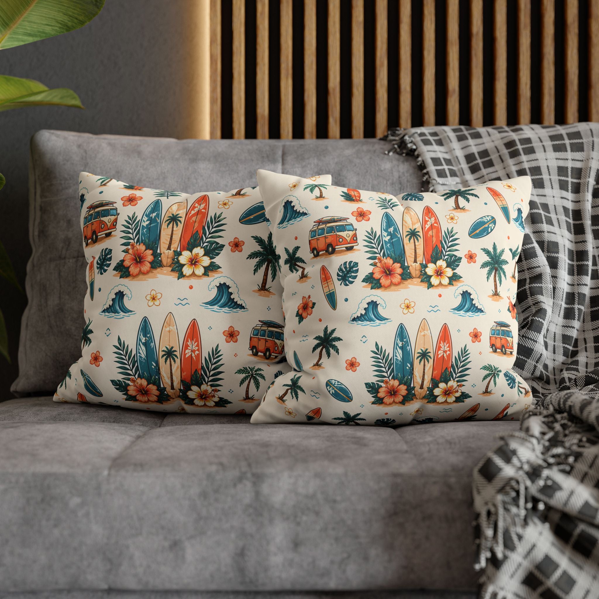 Surfboard Tropical Beach Pillow — Vintage Van & Palm Decorative Pillowcase