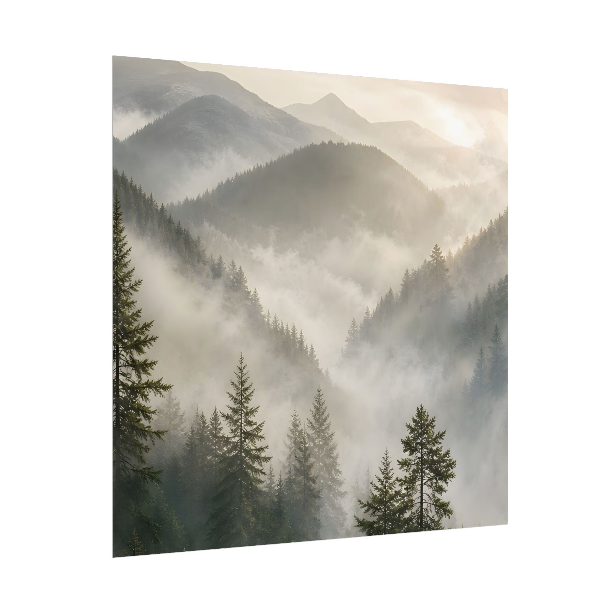 Mist-Filled Mountain Forest Rolled Poster — Serene Nature Wall Art