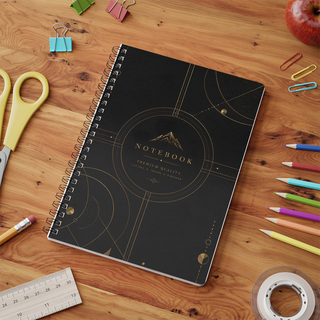 A5 Wirobound Notebook — Elegant Black & Gold Mountain Design