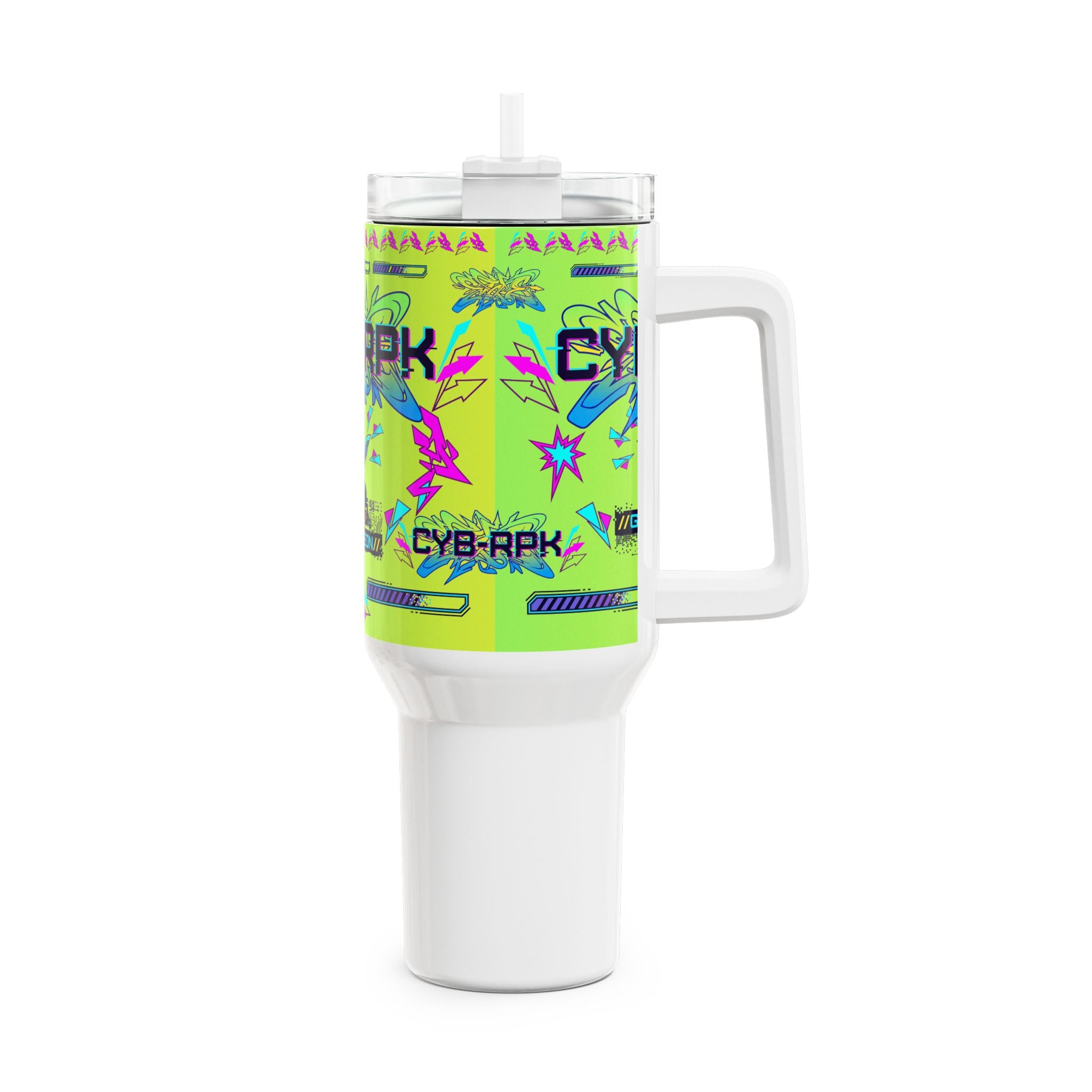 40oz Neon Cyberpunk Tumbler - 'CYB-RPK' Glitch Design Travel Mug