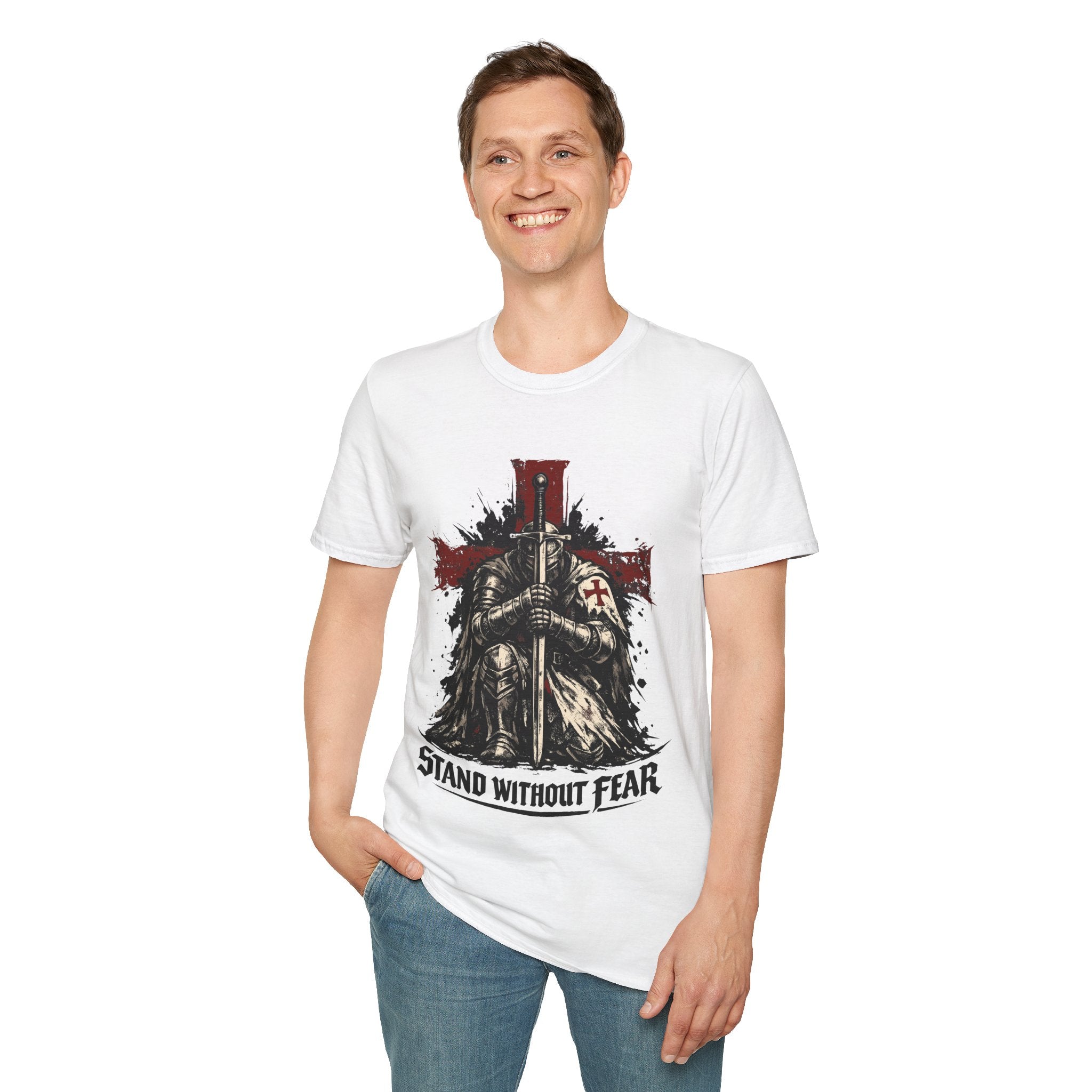Crusader Knight T-Shirt — 'Stand Without Fear' Medieval Cross Graphic
