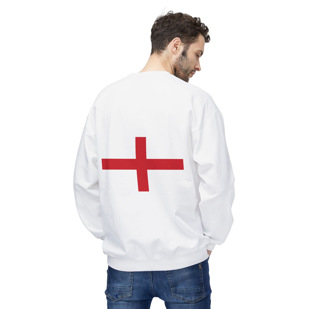Crewneck Sweatshirt — Minimal Red Cross Chest Logo, Casual Everyday Crewneck