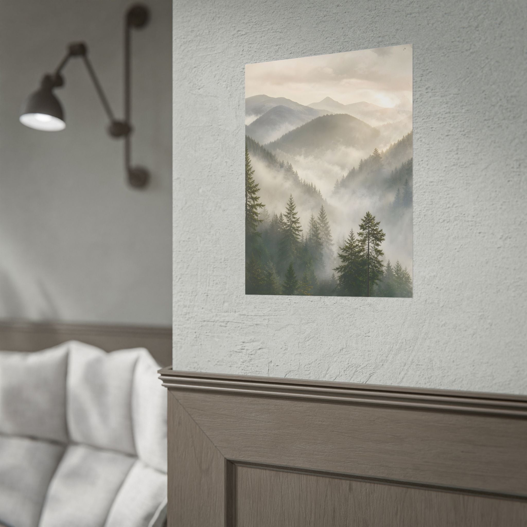 Mist-Filled Mountain Forest Rolled Poster — Serene Nature Wall Art