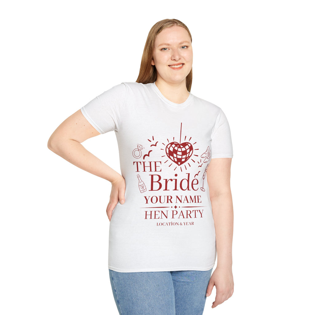 The Bride Hen Party T‑Shirt — Personalized Bachelorette Shirt with Heart Disco Design