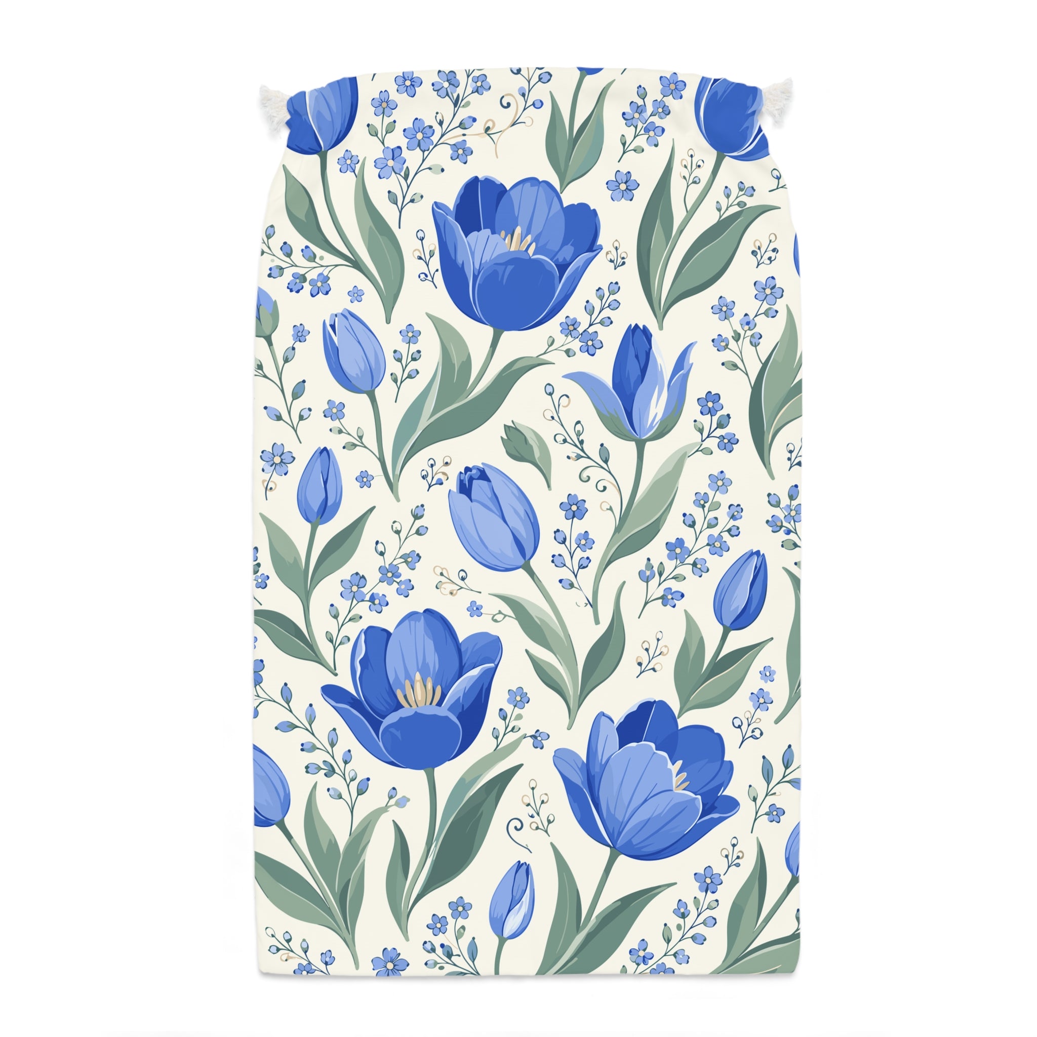 Blue Floral Drawstring Bag - Botanical Tulip Gift Sack