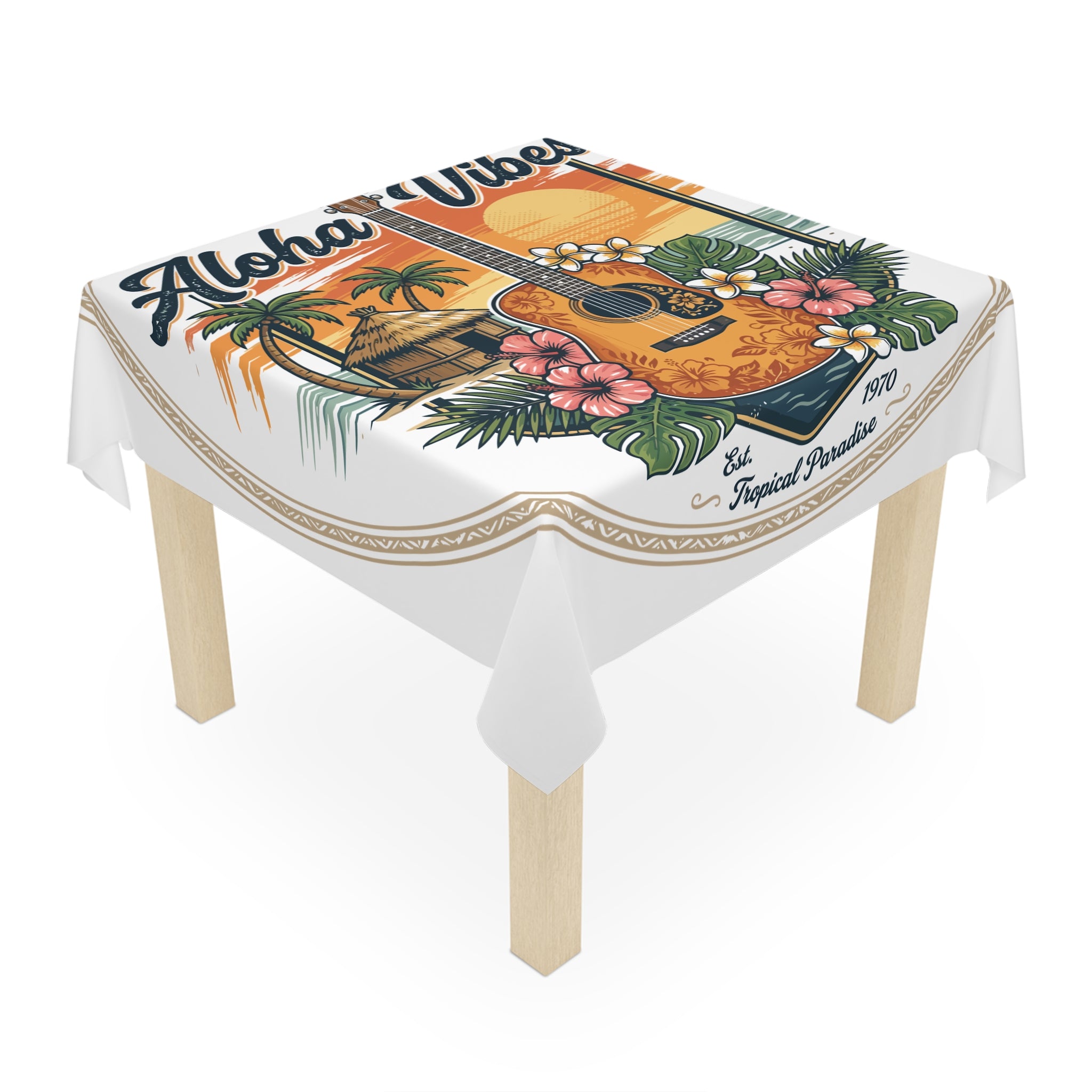 Aloha Vibes Tablecloth – Tropical Guitar Sunset Beach Table Cover