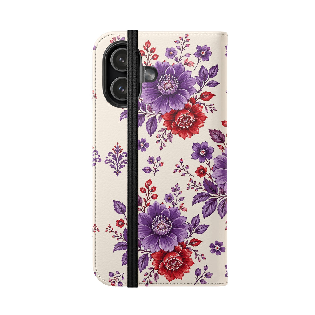 Floral Flip Phone Case — Purple & Red Vintage Bouquet Wallet Cover