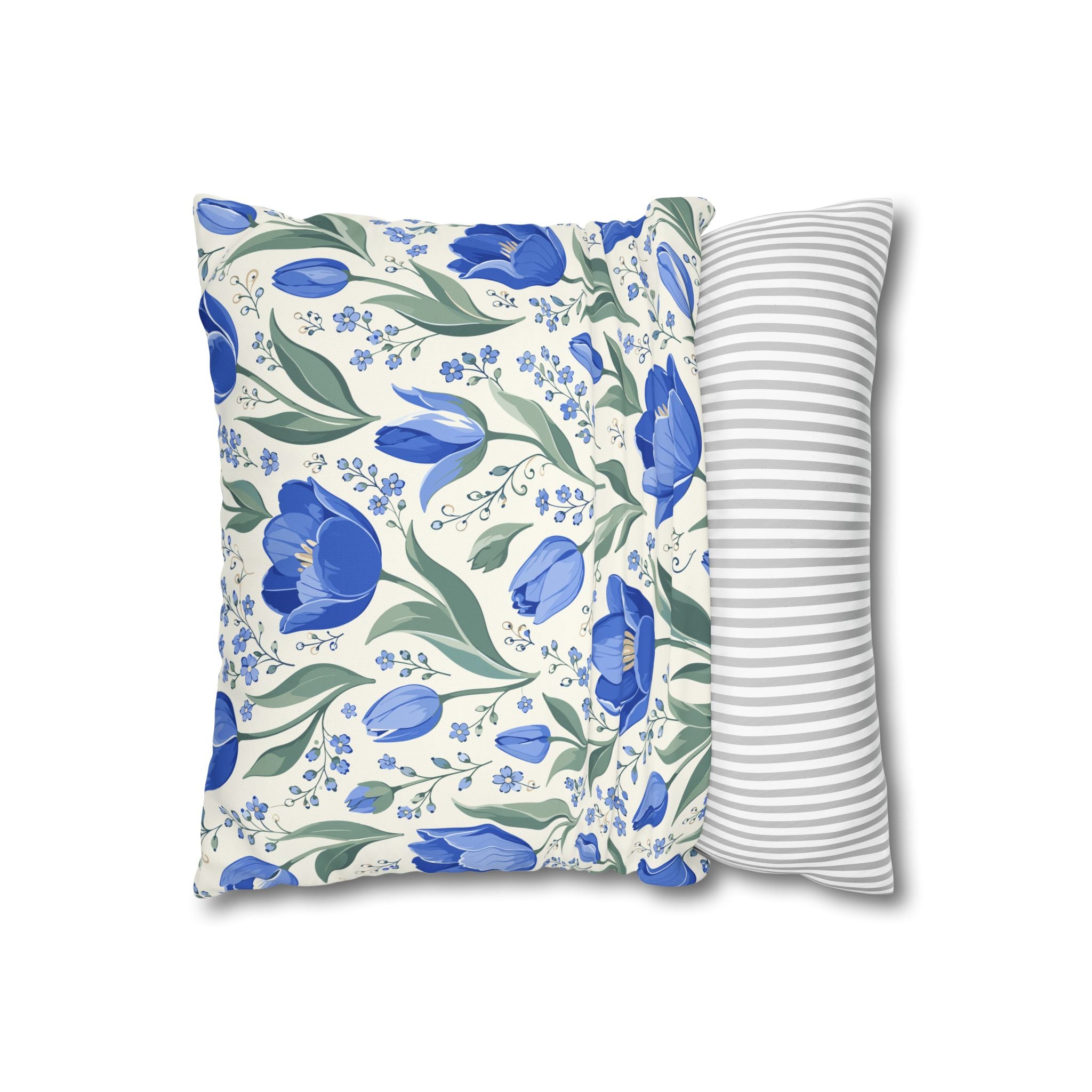 Blue Floral Square Pillow Cover — Blue Tulip Pattern Decorative Throw Pillowcase