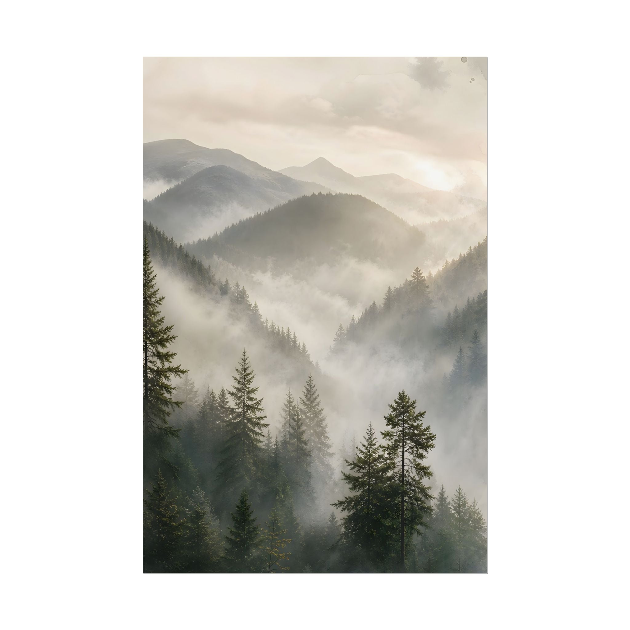 Mist-Filled Mountain Forest Rolled Poster — Serene Nature Wall Art