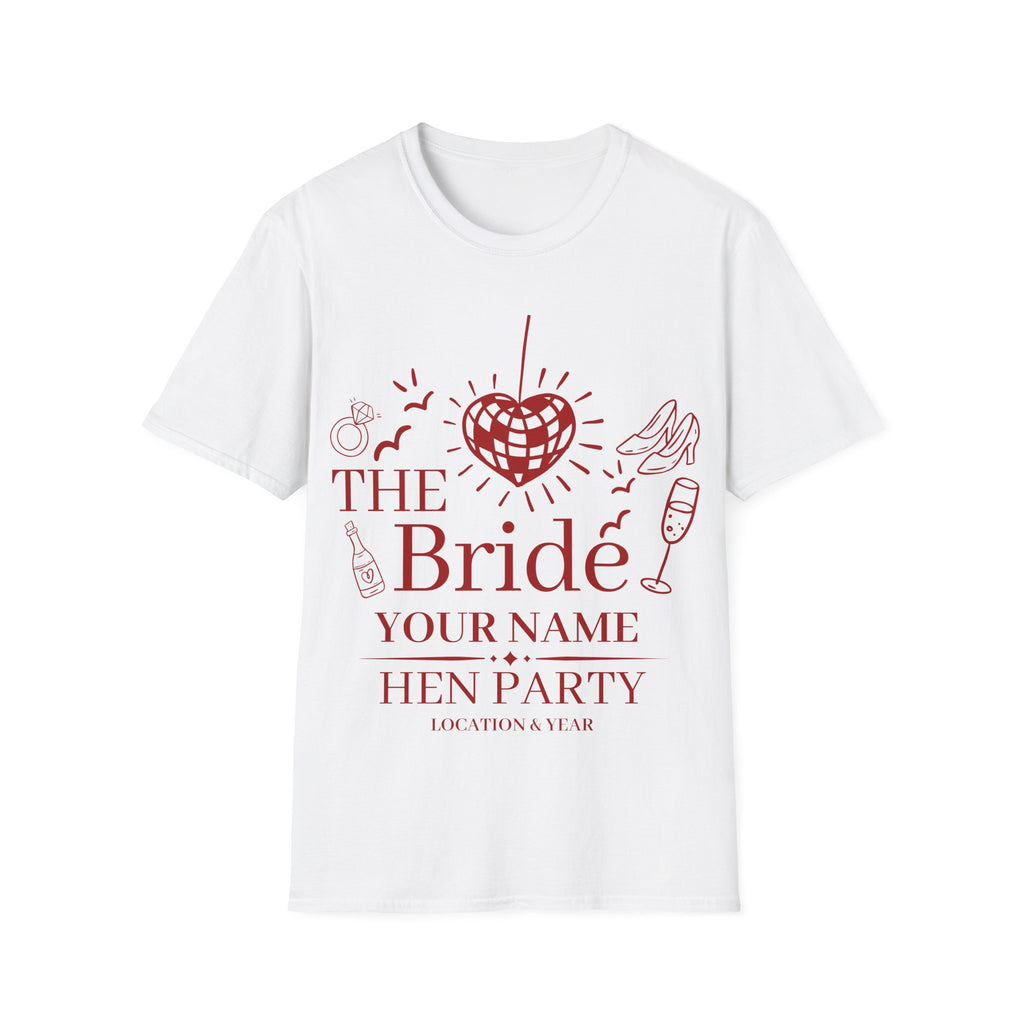 The Bride Hen Party T‑Shirt — Personalized Bachelorette Shirt with Heart Disco Design