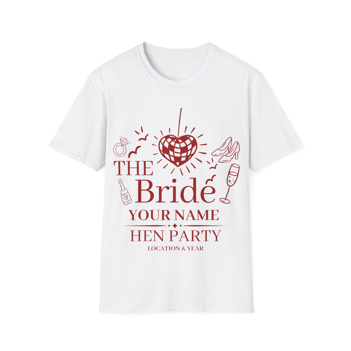 The Bride Hen Party T‑Shirt — Personalized Bachelorette Shirt with Heart Disco Design