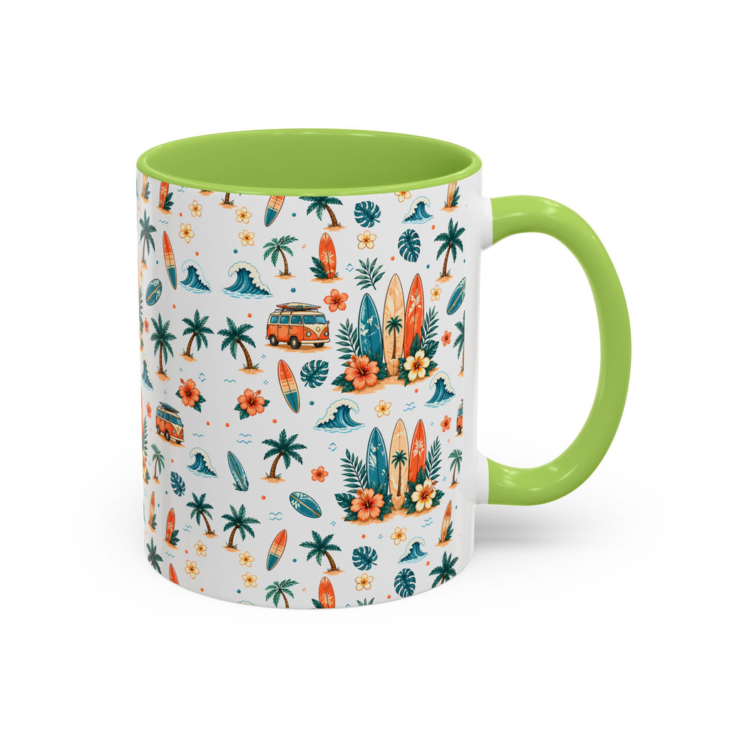 Surfboard & Palm Accent Coffee Mug — Tropical Beach Pattern 11/15oz