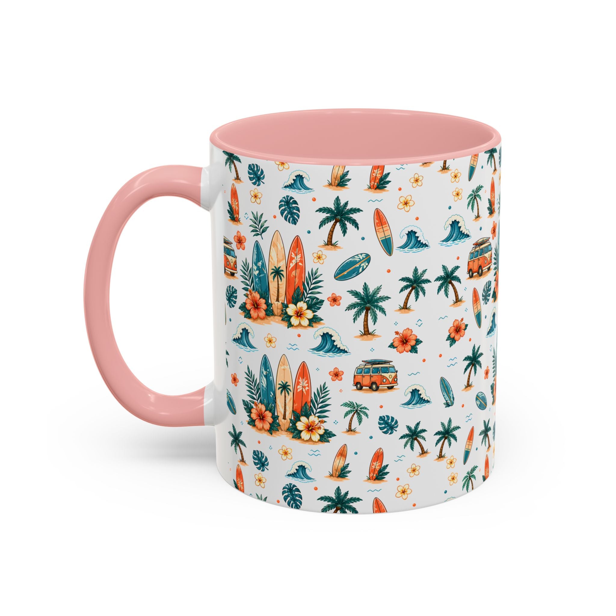 Surfboard & Palm Accent Coffee Mug — Tropical Beach Pattern 11/15oz