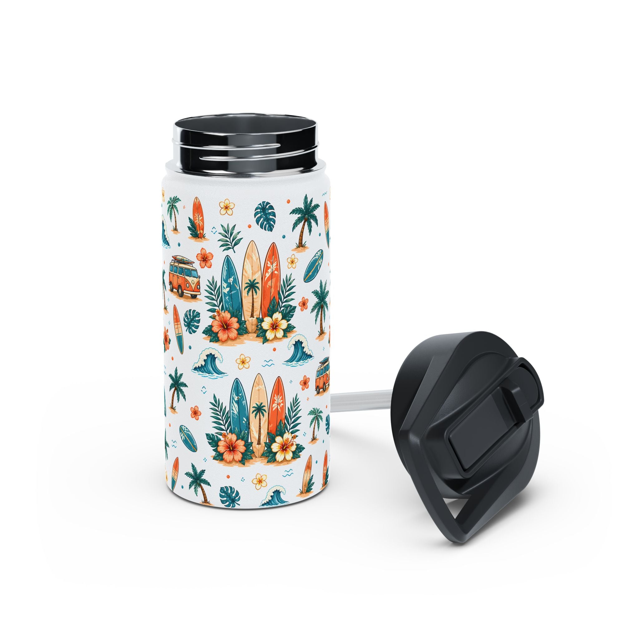 Surf Camper Stainless Steel Water Bottle — Tropical Beach Surfboard Pattern